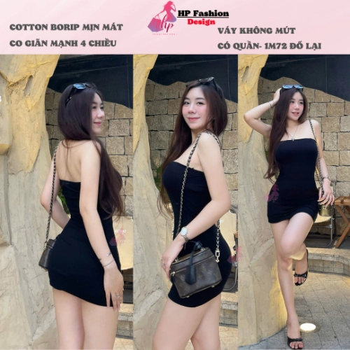 [KÈM QUẦN] Đầm ôm body ống dáng ngắn có quần HP FASHION, váy kiểu trơn basic không mút đen nâu đỏ xanh có bigsize vải cotton mịn thoáng mát mùa hè tôn dáng sang chảnh HP35