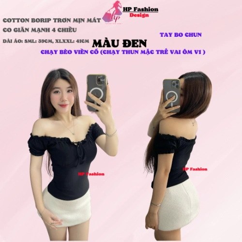 Áo thun body tay bèo ngắn nhún thun cổ vuông, áo nữ kiểu mặc được trễ vai nữ basic vải thun cotton borip trơn basic co giãn 4 chều thoáng mát thấm hút mồ hôi size S M L Xl XXL  có bigsize mùa hè HP44