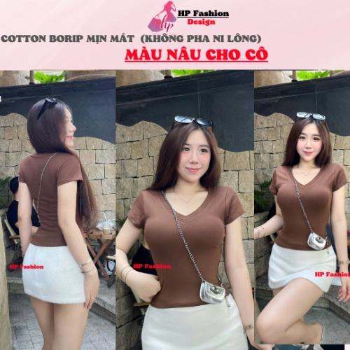 Áo thun cổ tim nữ chiết eo basic, áo phông nữ ôm body cộc ngắn tay vải cao cấp co giãn 4 chều thoáng mát thấm hút mồ