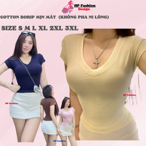 Áo thun cổ tim nữ chiết eo basic, áo phông nữ ôm body cộc ngắn tay vải cao cấp co giãn 4 chều thoáng mát thấm hút mồ
