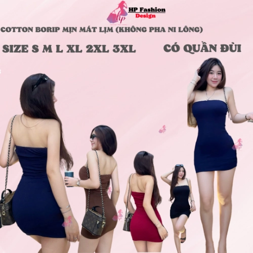 [KÈM QUẦN] Đầm ôm body ống dáng ngắn có quần HP FASHION, váy kiểu trơn basic không mút đen nâu đỏ xanh có bigsize vải cotton mịn thoáng mát mùa hè tôn dáng sang chảnh HP35