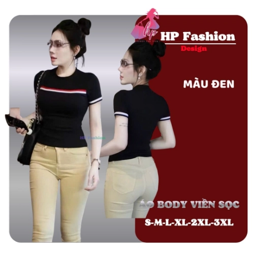 Áo thun nữ body tay ngắn viền màu chiết eo basic cổ tròn, áo phông nữ cộc tay vải cotton QC co giãn  size S M L XL 2XL 3XL có bigsize  HP104