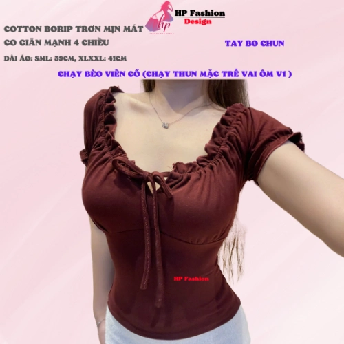 Áo thun body tay bèo ngắn nhún thun cổ vuông, áo nữ kiểu mặc được trễ vai nữ basic vải thun cotton borip trơn basic co giãn 4 chều thoáng mát thấm hút mồ hôi size S M L Xl XXL  có bigsize mùa hè HP44