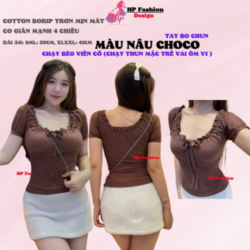 Áo thun body tay bèo ngắn nhún thun cổ vuông, áo nữ kiểu mặc được trễ vai nữ basic vải thun cotton borip trơn basic co giãn 4 chều thoáng mát thấm hút mồ hôi size S M L Xl XXL  có bigsize mùa hè HP44