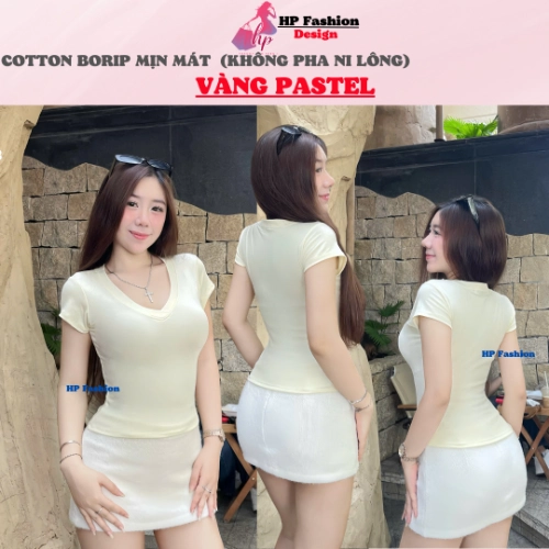 Áo thun cổ tim nữ chiết eo basic, áo phông nữ ôm body cộc ngắn tay vải cao cấp co giãn 4 chều thoáng mát thấm hút mồ