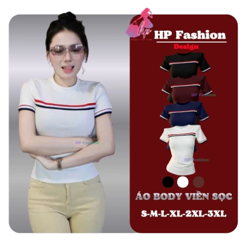 Áo thun nữ body tay ngắn viền màu chiết eo basic cổ tròn, áo phông nữ cộc tay vải cotton QC co giãn  size S M L XL 2XL 3XL có bigsize  HP104