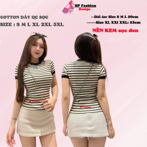 Áo thun sọc viền nữ chiết eo basic cổ tròn, áo phông nữ ôm body cộc ngắn tay vải cao cấp co giãn 2 chiều size S M L XL 2XL 3XL   có bigsize  HP52