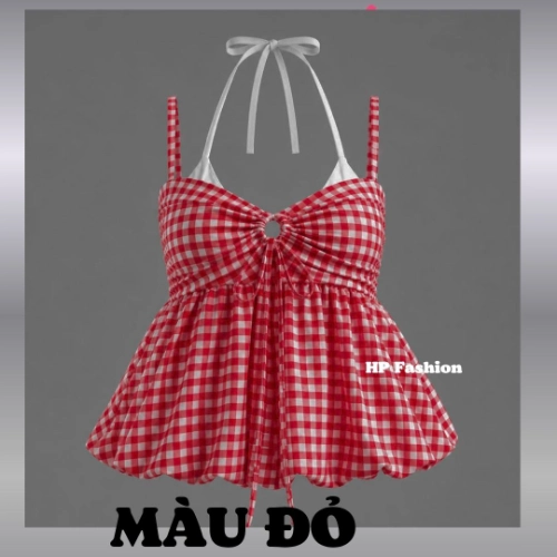 Áo dây yếm tùng bí 2 lớp  che bụng dưới , áo kiểu nữ vải caro mùa hè đi biển size S M L XL   A11