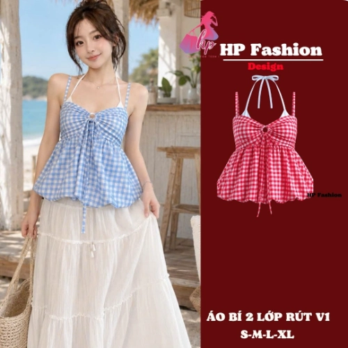 Áo dây yếm tùng bí 2 lớp  che bụng dưới , áo kiểu nữ vải caro mùa hè đi biển size S M L XL   A11