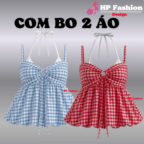 Áo dây yếm tùng bí 2 lớp  che bụng dưới , áo kiểu nữ vải caro mùa hè đi biển size S M L XL   A11