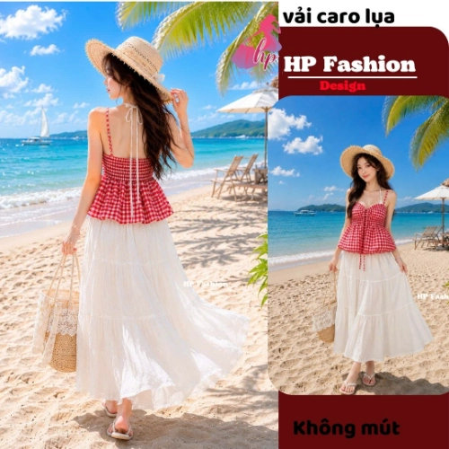 Áo dây yếm tùng bí 2 lớp  che bụng dưới , áo kiểu nữ vải caro mùa hè đi biển size S M L XL   A11