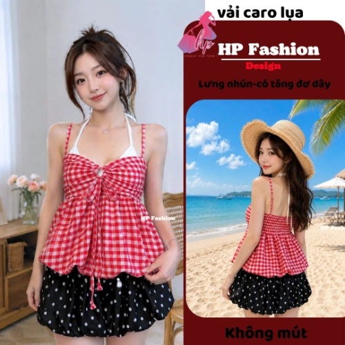 Áo dây yếm tùng bí 2 lớp  che bụng dưới , áo kiểu nữ vải caro mùa hè đi biển size S M L XL   A11