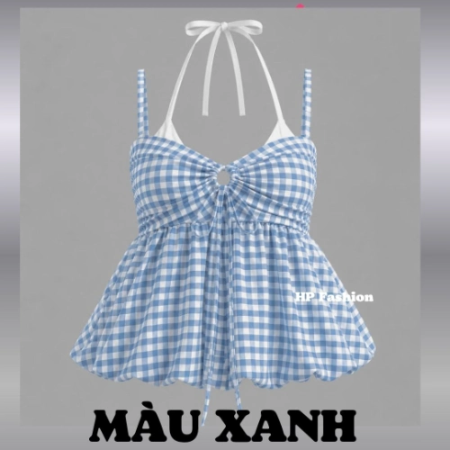 Áo dây yếm tùng bí 2 lớp  che bụng dưới , áo kiểu nữ vải caro mùa hè đi biển size S M L XL   A11