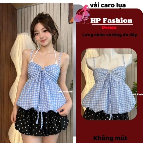 Áo dây yếm tùng bí 2 lớp  che bụng dưới , áo kiểu nữ vải caro mùa hè đi biển size S M L XL   A11