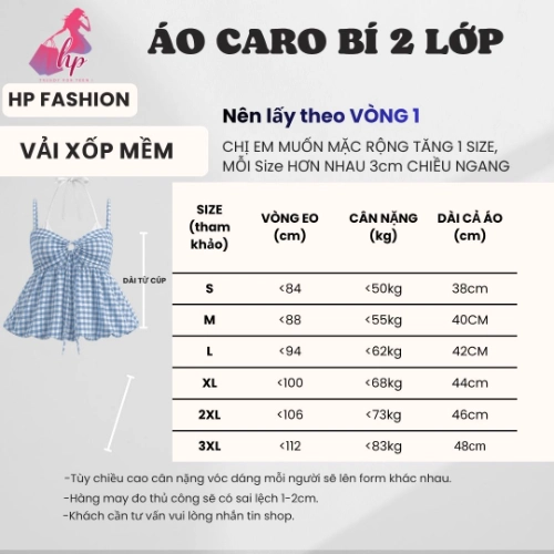 Áo dây yếm tùng bí 2 lớp  che bụng dưới , áo kiểu nữ vải caro mùa hè đi biển size S M L XL   A11