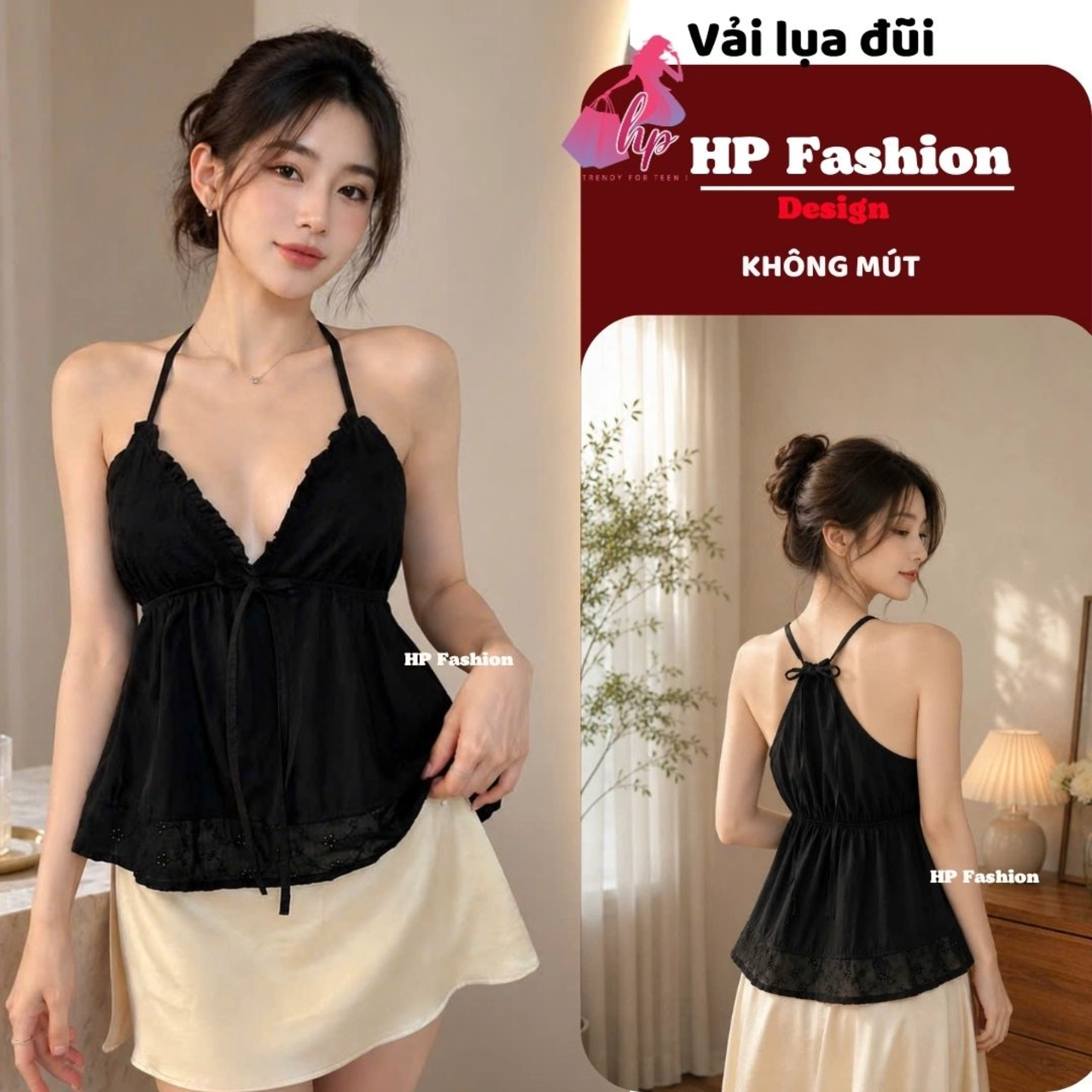 Áo yếm dây dáng babydoll che bụng, áo kiểu nữ vải đũi lụa không mút phối ren mùa hè đi biển size S M L A18