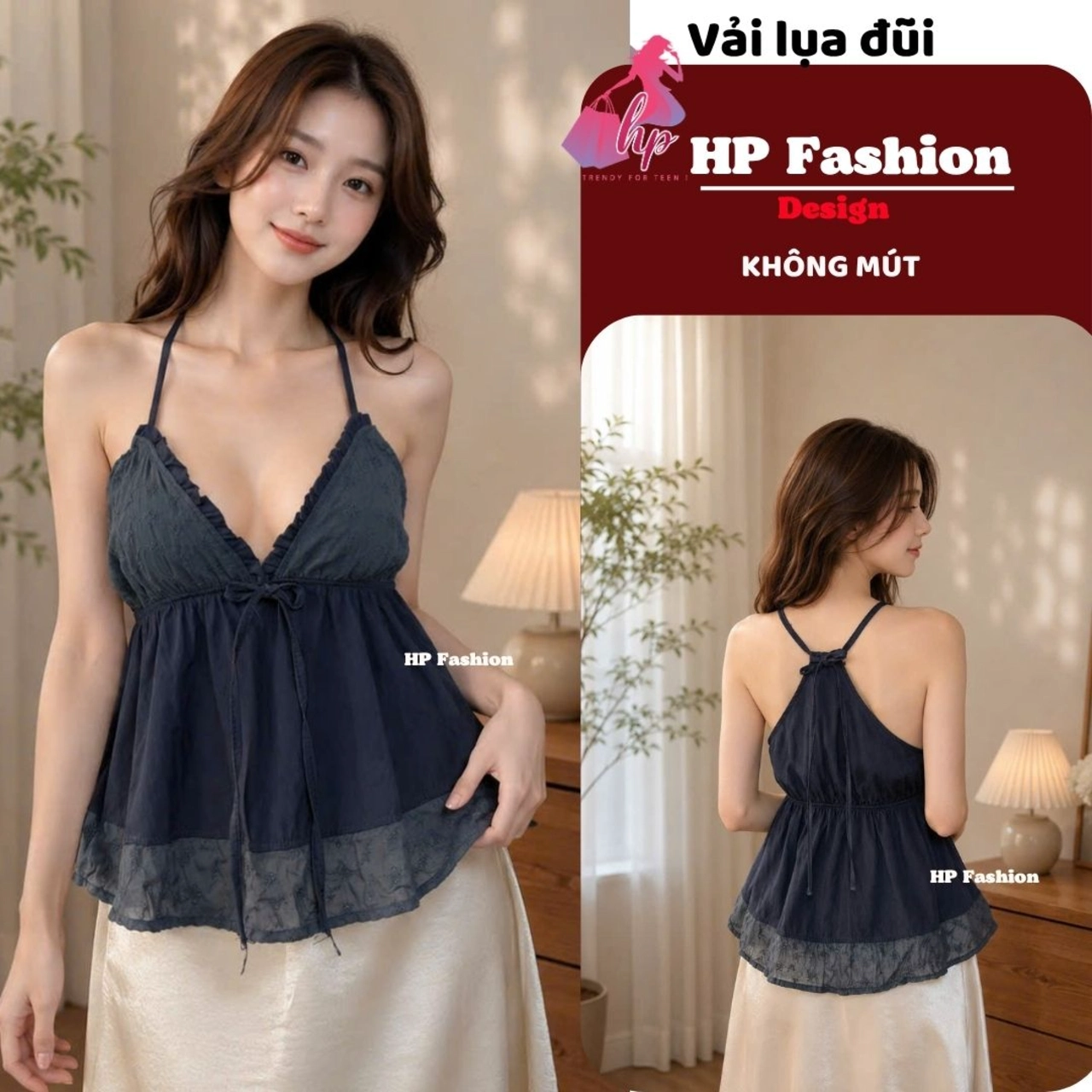 Áo yếm dây dáng babydoll che bụng, áo kiểu nữ vải đũi lụa không mút phối ren mùa hè đi biển size S M L A18