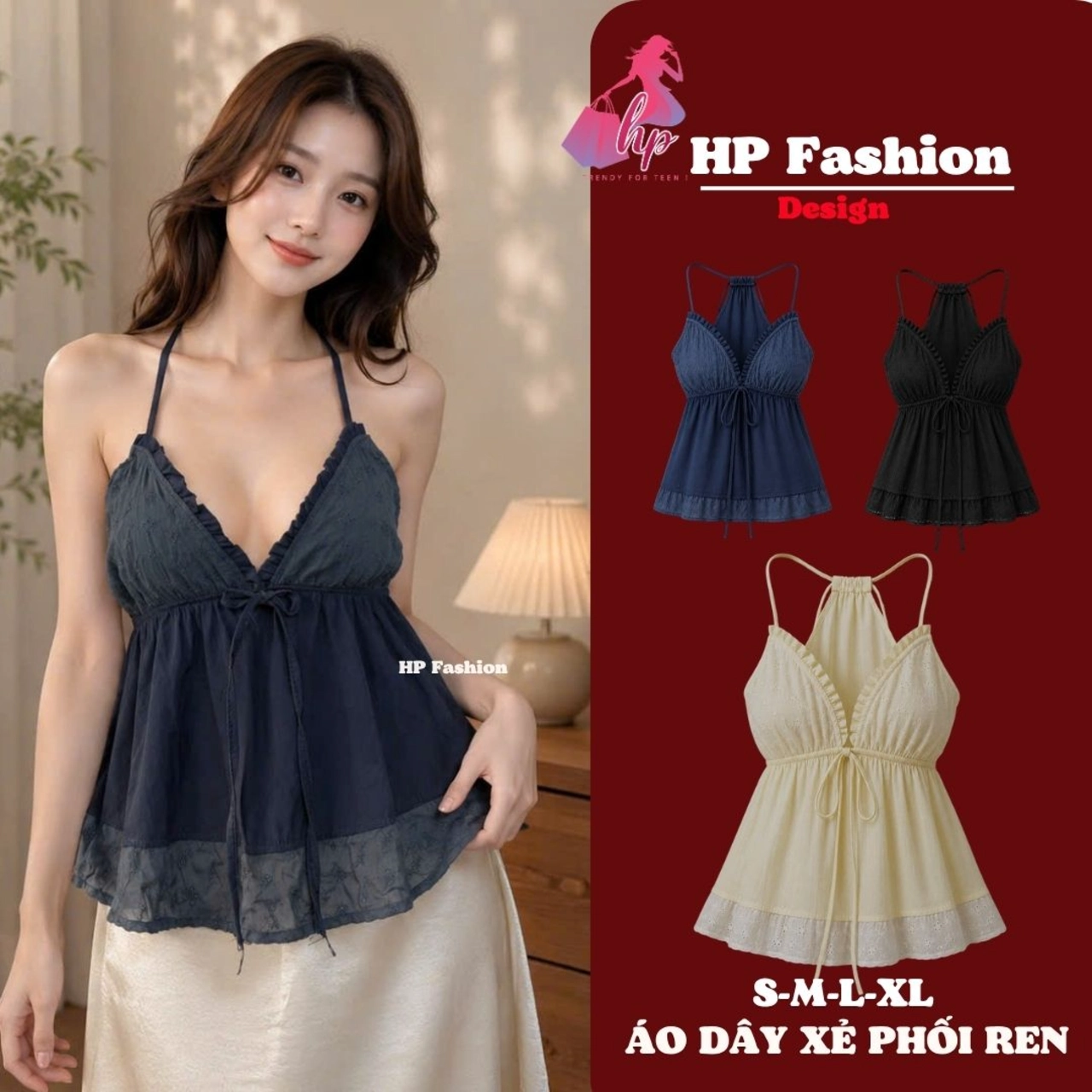 Áo yếm dây dáng babydoll che bụng, áo kiểu nữ vải đũi lụa không mút phối ren mùa hè đi biển size S M L A18