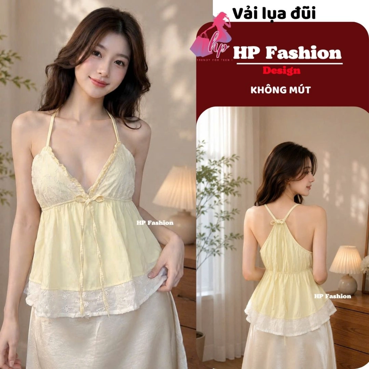 Áo yếm dây dáng babydoll che bụng, áo kiểu nữ vải đũi lụa không mút phối ren mùa hè đi biển size S M L A18
