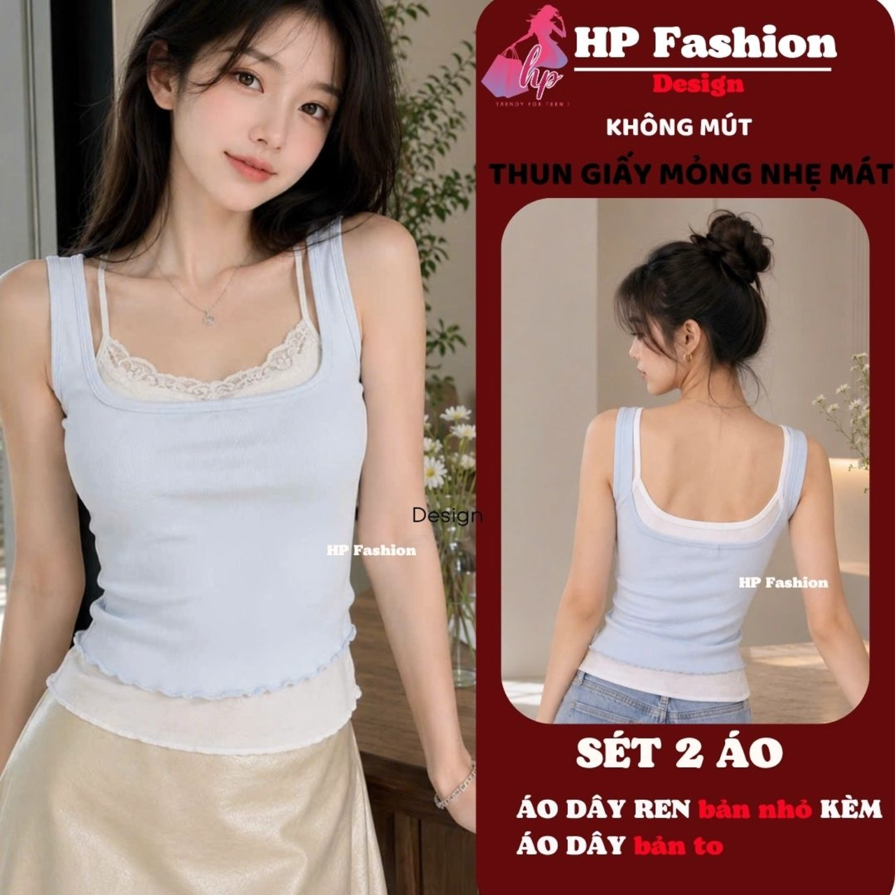 Set 2 áo ôm body, áo dây phối ren kèm áo dây bản to cho nữ  vải THUN GIẤY MỎNG NHẸ mùa hè A25