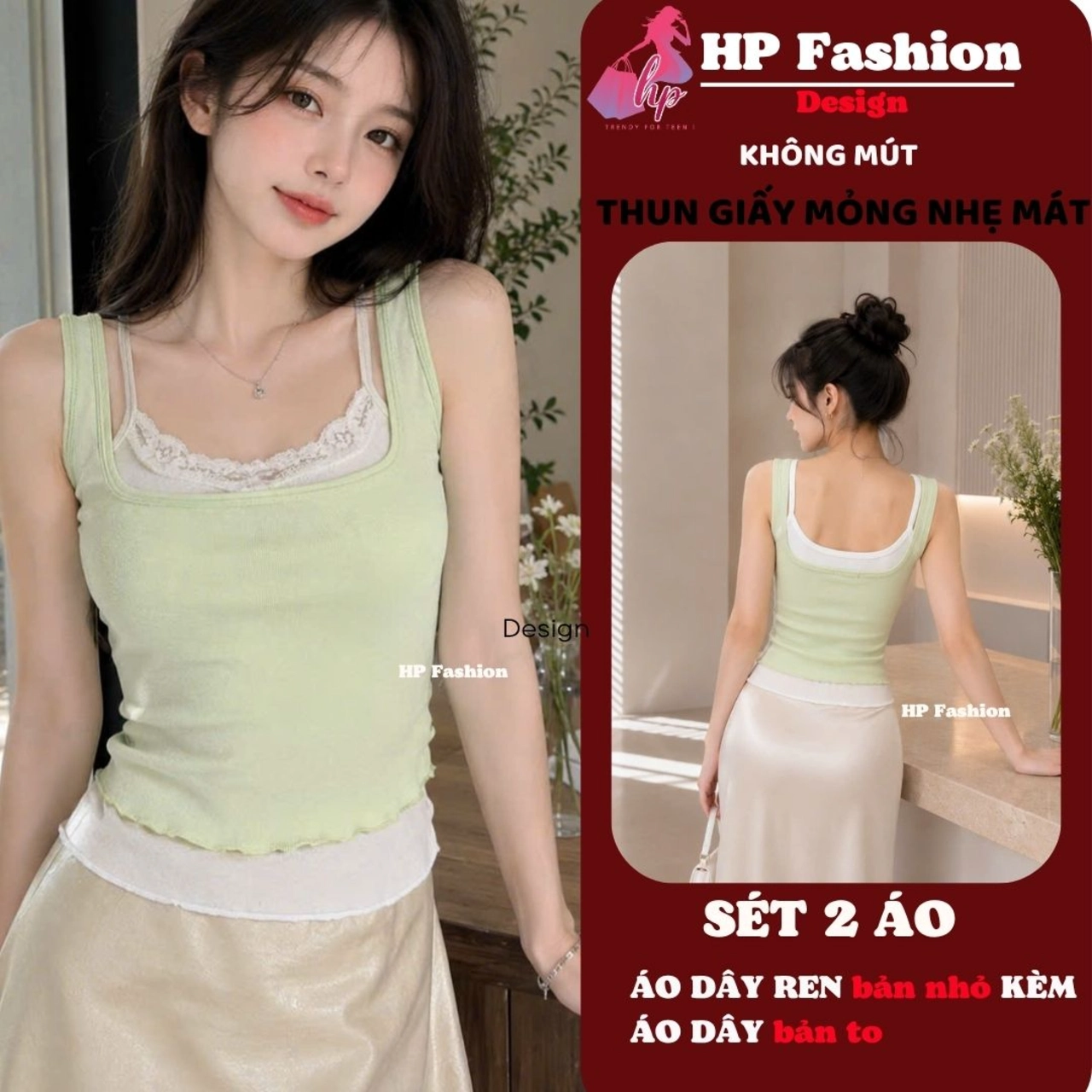 Set 2 áo ôm body, áo dây phối ren kèm áo dây bản to cho nữ  vải THUN GIẤY MỎNG NHẸ mùa hè A25