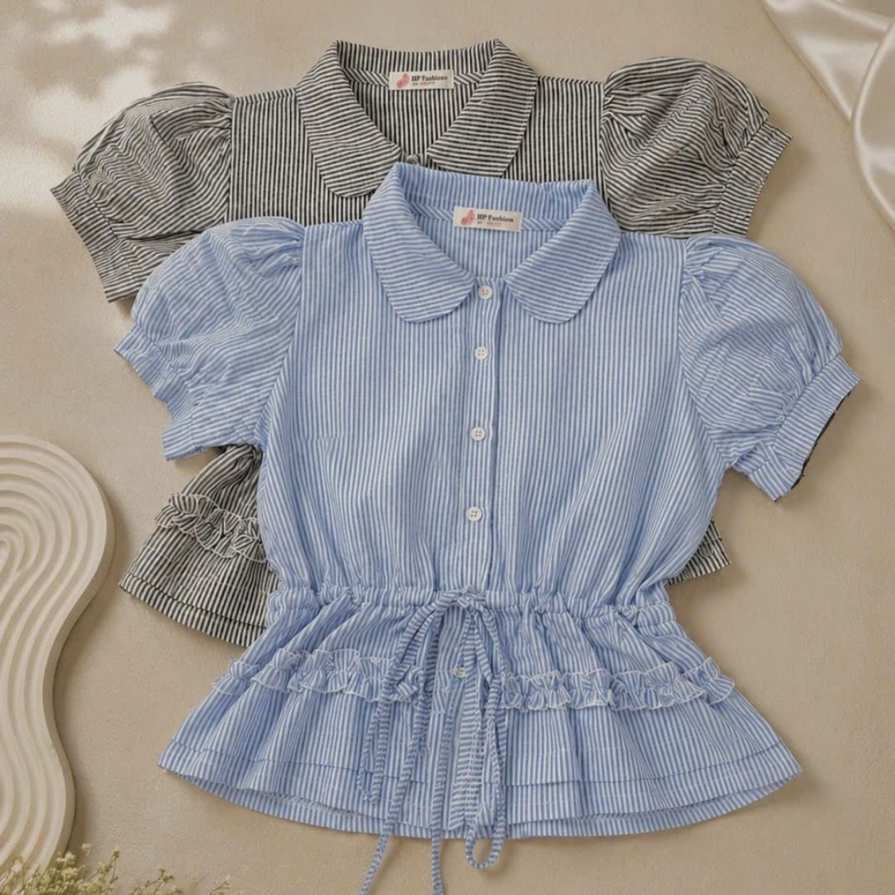 Áo sơ mi cổ sen rút dây tạo ôm eo tay cộc, áo kiểu nữ khuy cúc sang chảnh size S M L A27