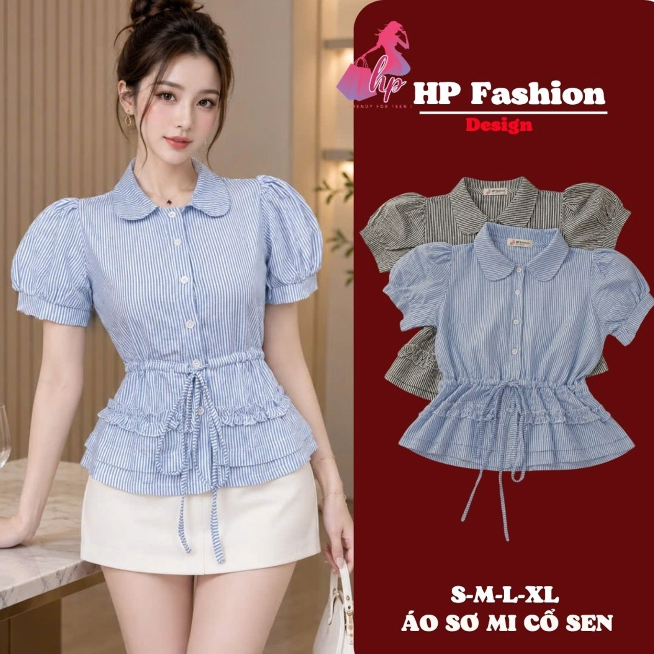 Áo sơ mi cổ sen rút dây tạo ôm eo tay cộc, áo kiểu nữ khuy cúc sang chảnh size S M L A27
