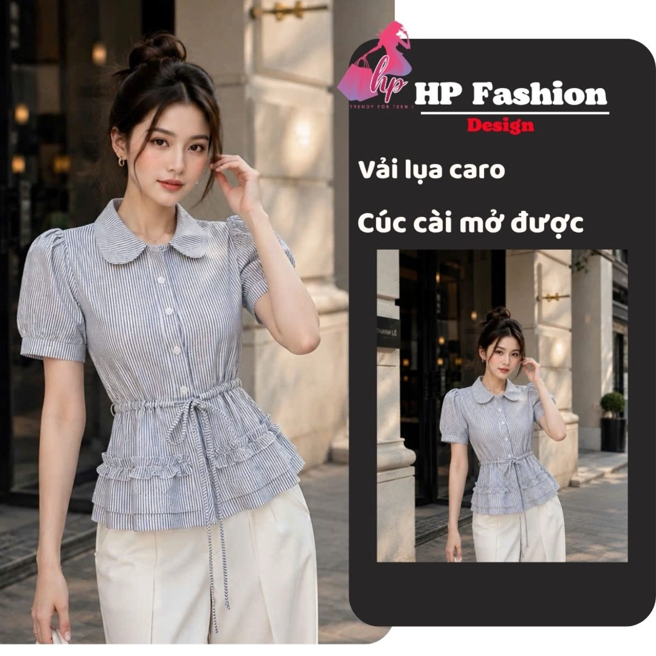 Áo sơ mi cổ sen rút dây tạo ôm eo tay cộc, áo kiểu nữ khuy cúc sang chảnh size S M L A27