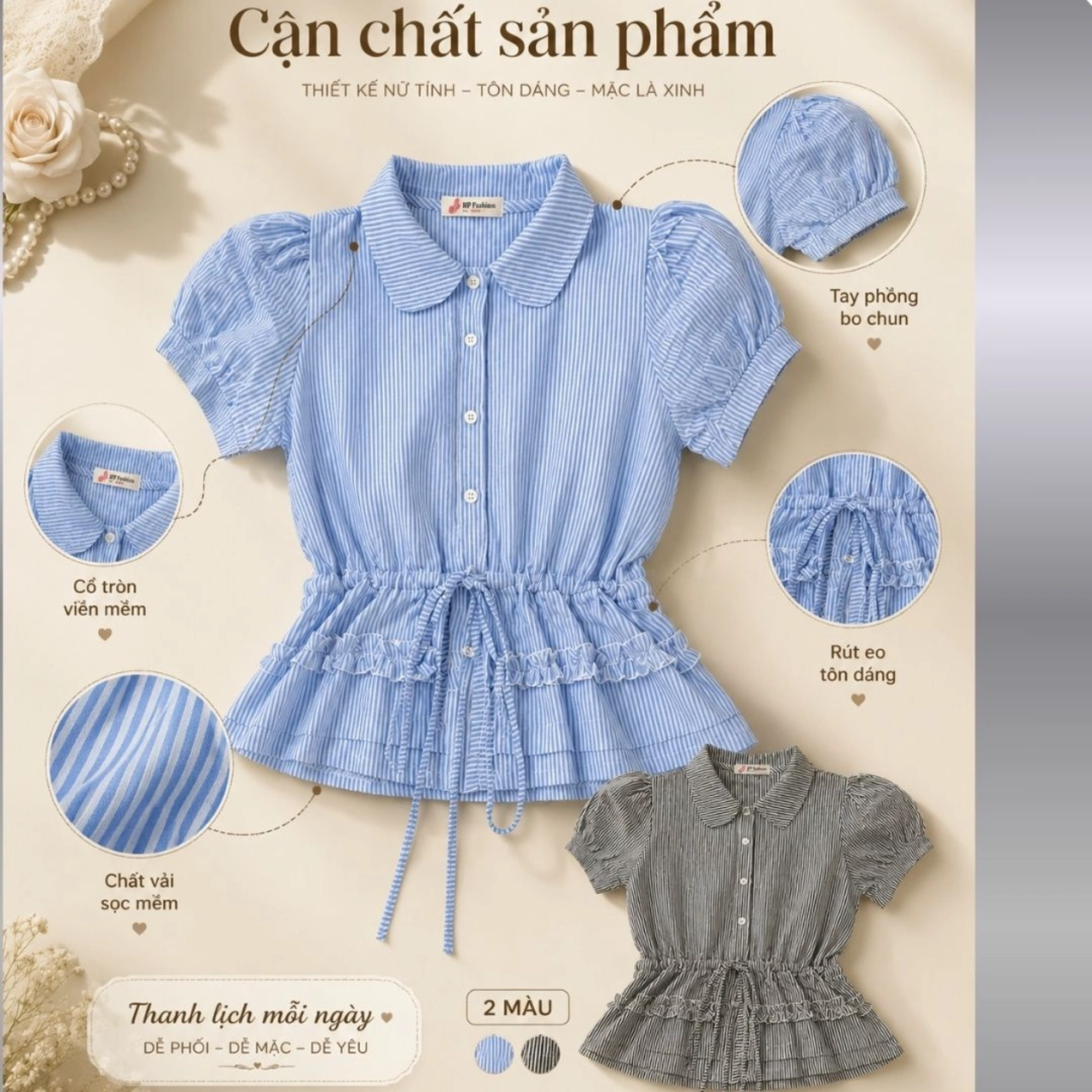 Áo sơ mi cổ sen rút dây tạo ôm eo tay cộc, áo kiểu nữ khuy cúc sang chảnh size S M L A27