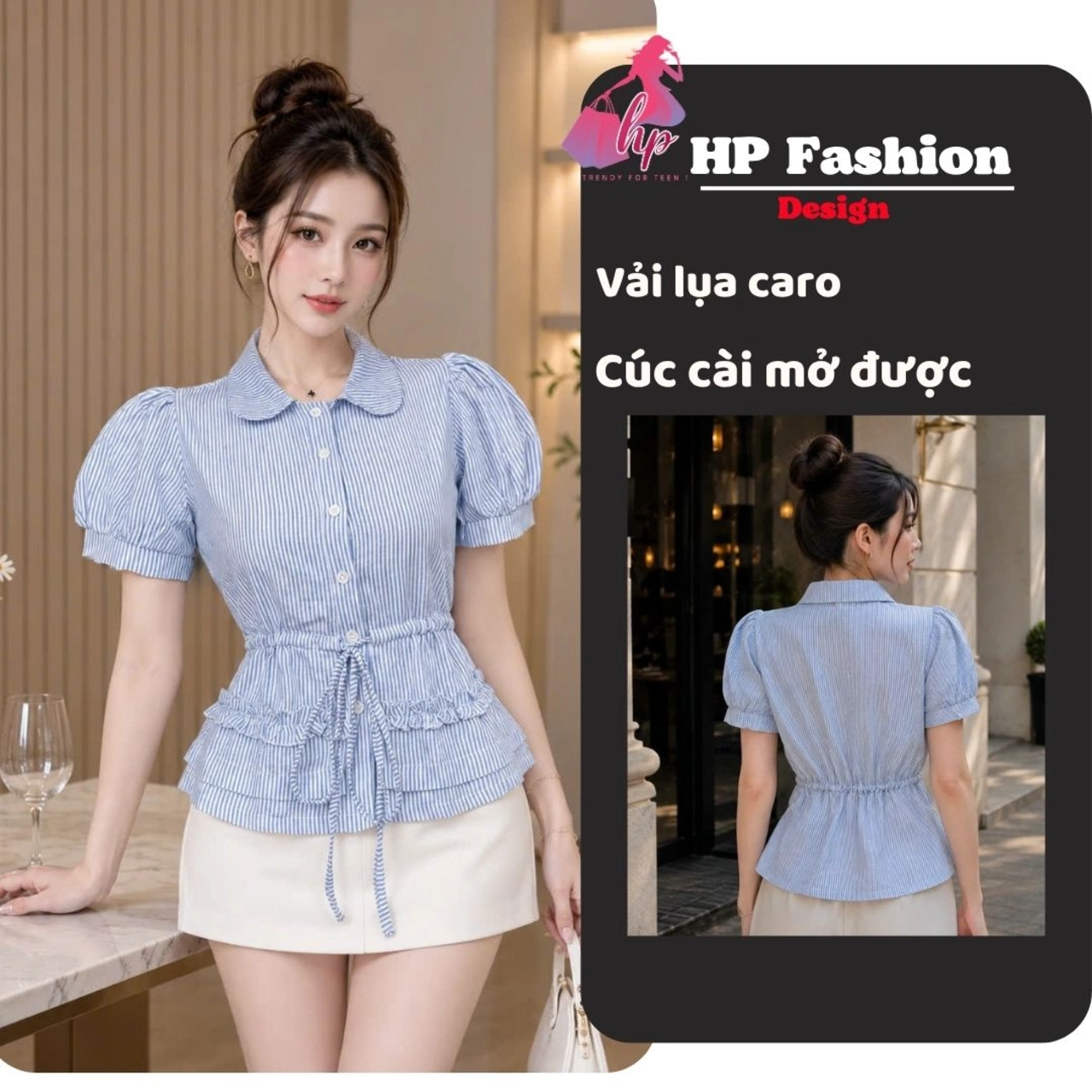 Áo sơ mi cổ sen rút dây tạo ôm eo tay cộc, áo kiểu nữ khuy cúc sang chảnh size S M L A27
