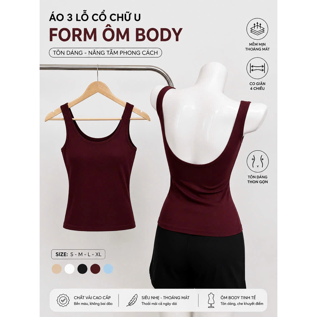 Áo 3 Lỗ hở lưng  phom dài ôm body, áo 2 dây kiểu nữ cổ u mùa hè thun co giãn màu đen trắng nâu đi chơi tôn dáng sang chảnh A28