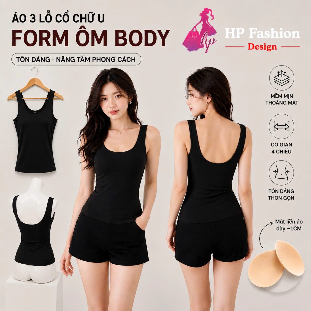 Áo 3 Lỗ hở lưng  phom dài ôm body, áo 2 dây kiểu nữ cổ u mùa hè thun co giãn màu đen trắng nâu đi chơi tôn dáng sang chảnh A28