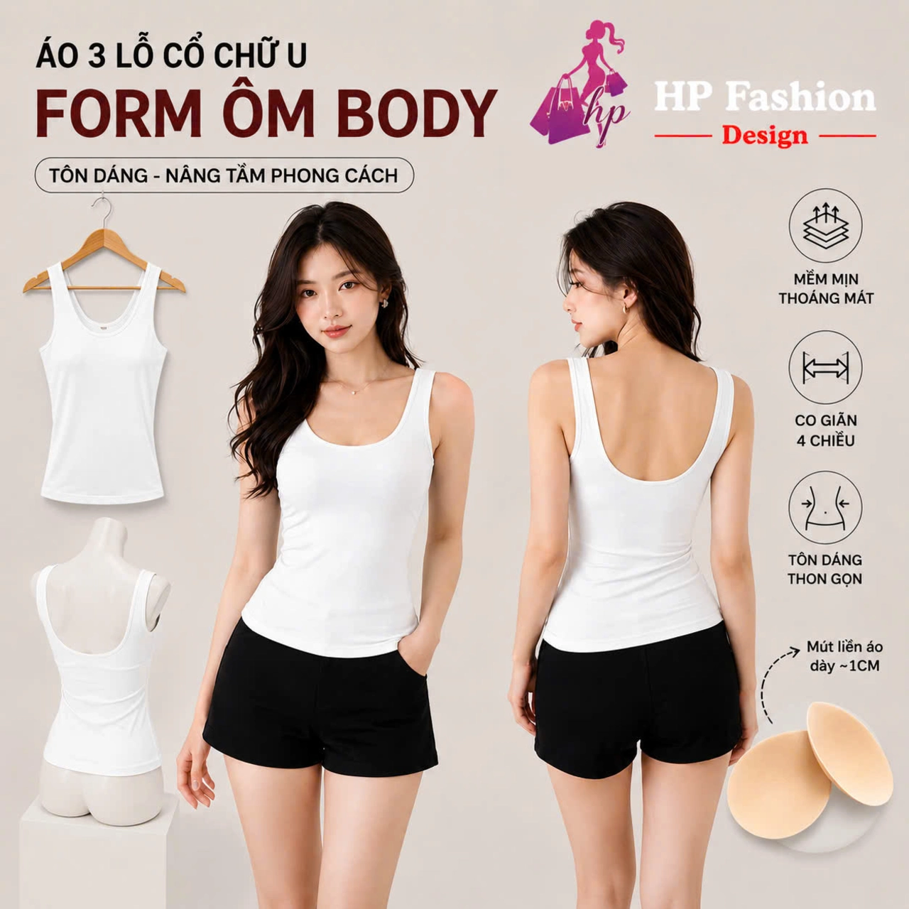 Áo 3 Lỗ hở lưng  phom dài ôm body, áo 2 dây kiểu nữ cổ u mùa hè thun co giãn màu đen trắng nâu đi chơi tôn dáng sang chảnh A28