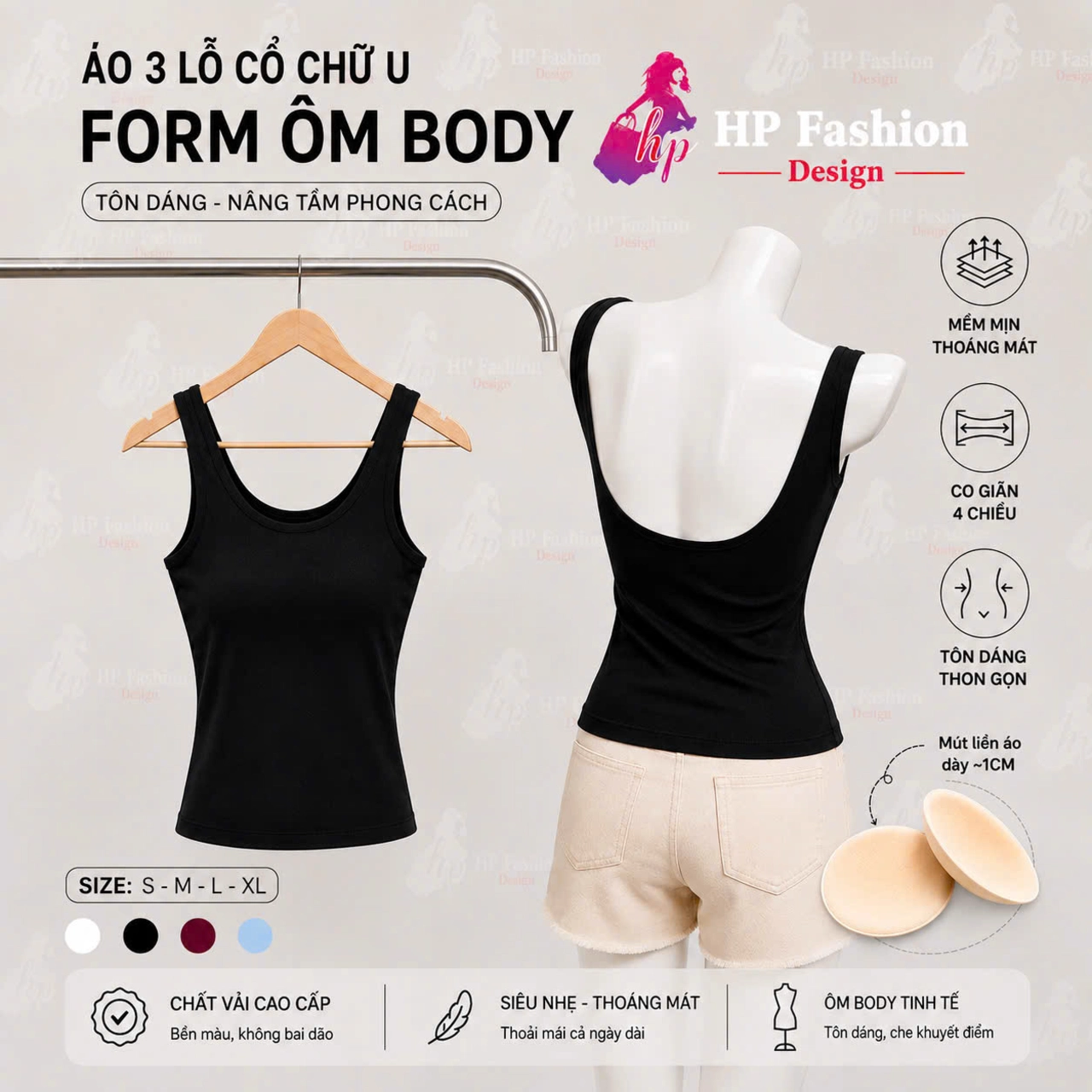 Áo 3 Lỗ hở lưng  phom dài ôm body, áo 2 dây kiểu nữ cổ u mùa hè thun co giãn màu đen trắng nâu đi chơi tôn dáng sang chảnh A28