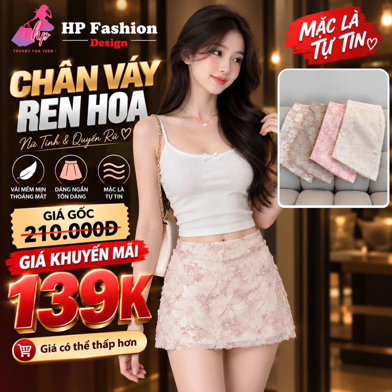 Chân váy chữ A ren hoa body dáng ngắn phong cách Y2k, váy nữ có quần bảo hộ mặc noel tết quanh năm CÓ BIGSIZE A30