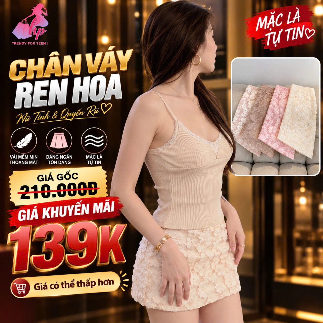 Chân váy chữ A ren hoa body dáng ngắn phong cách Y2k, váy nữ có quần bảo hộ mặc noel tết quanh năm CÓ BIGSIZE A30